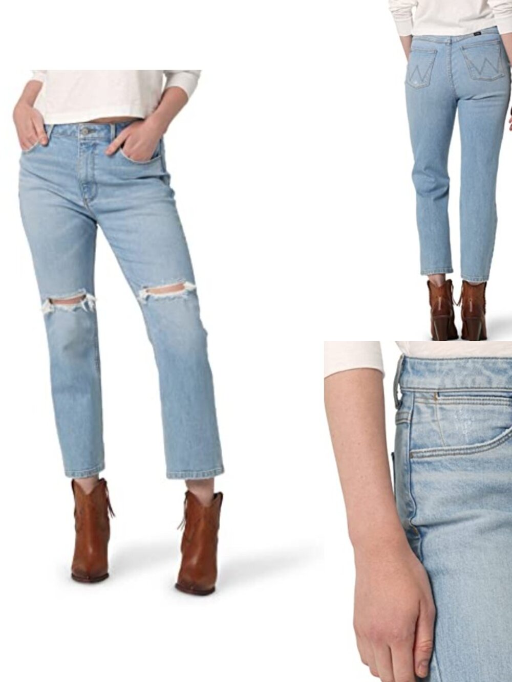 High-Rise Straight Leg Crop Jeans Stretch Denim 5-Pocket